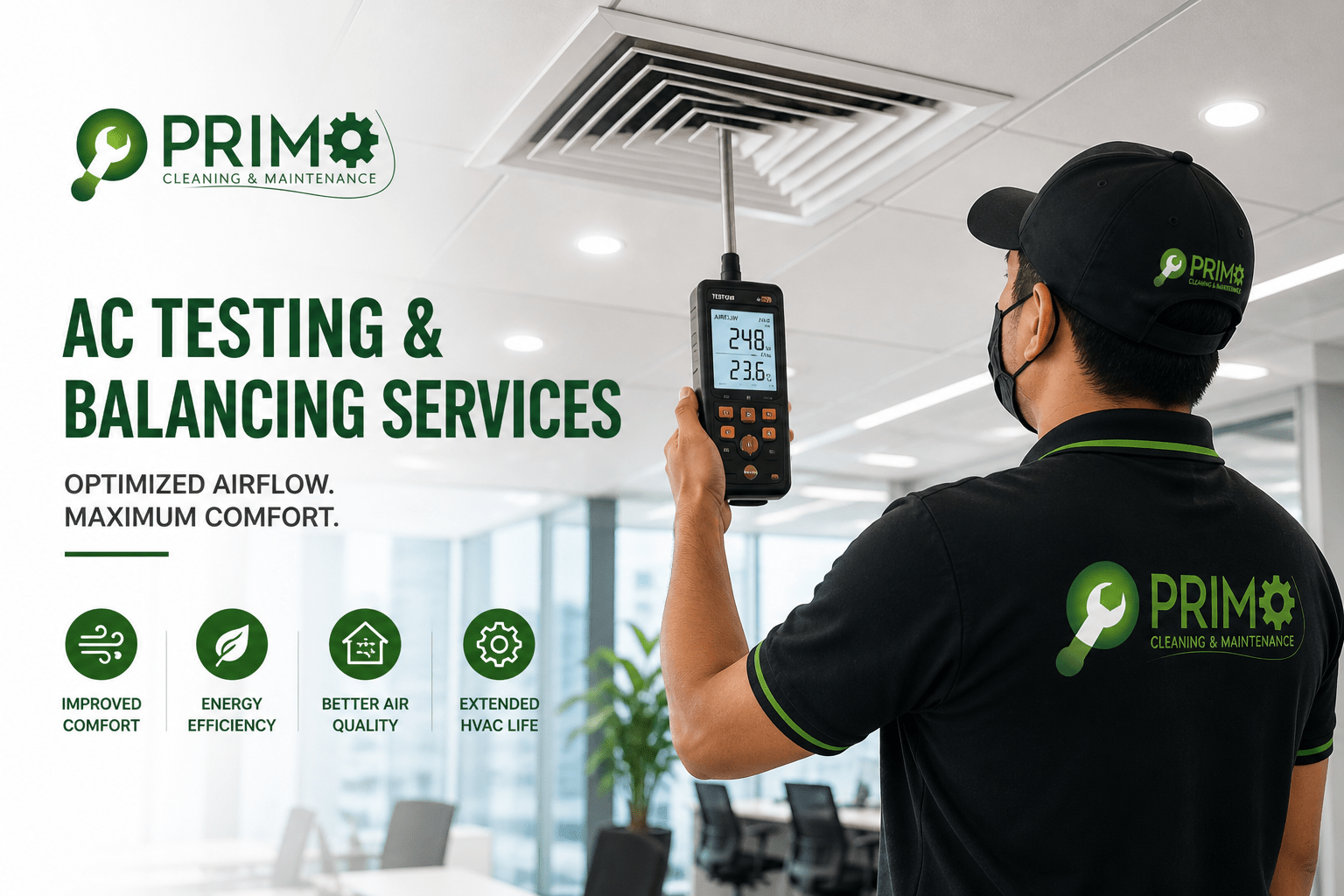 Primo technician providing AC testing and air balancing services in Dubai