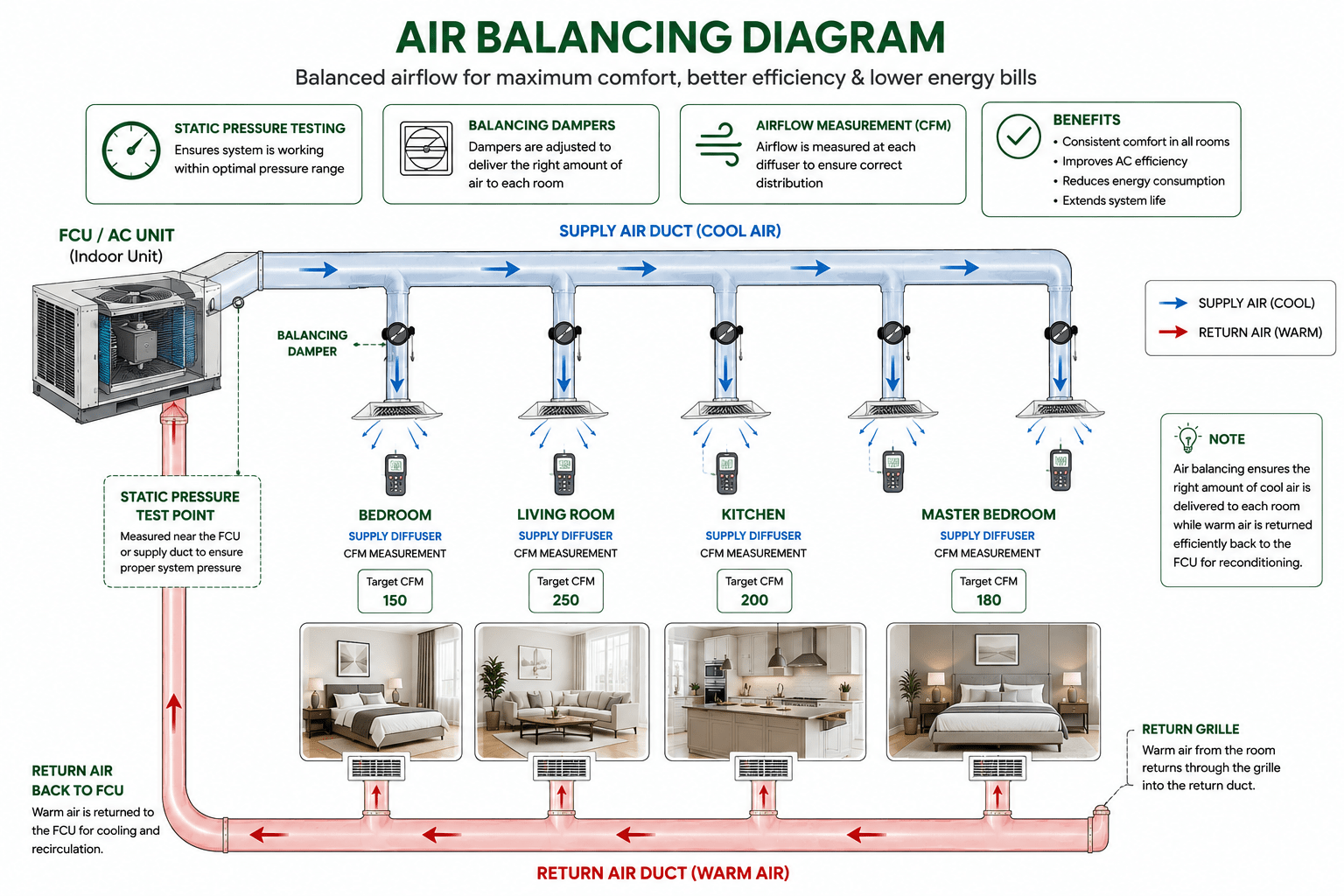 Air balancing diagram showing supply air ducts, return air ducts, balancing dampers and CFM airflow measurement in a Dubai villa or apartment