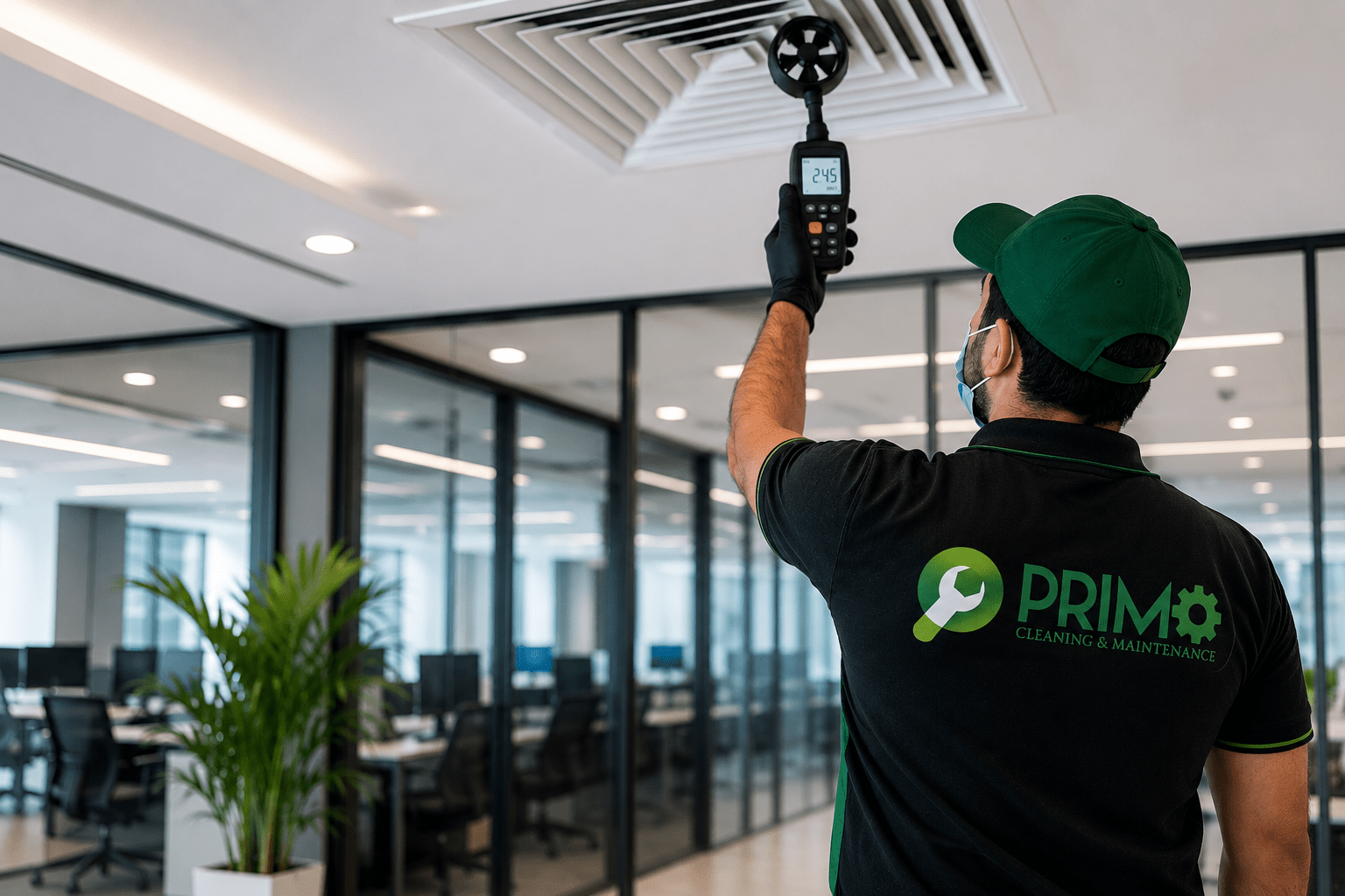 Primo technician testing airflow for air balancing in Dubai