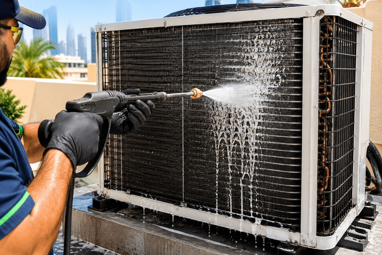 Primo technician preparing AC coil cleaning in Dubai