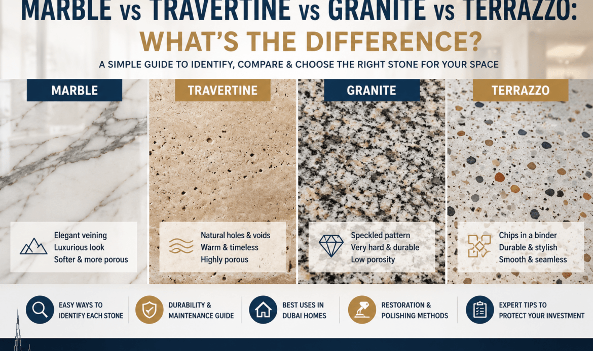 Marble vs travertine vs granite vs terrazzo comparison guide for Dubai stone flooring