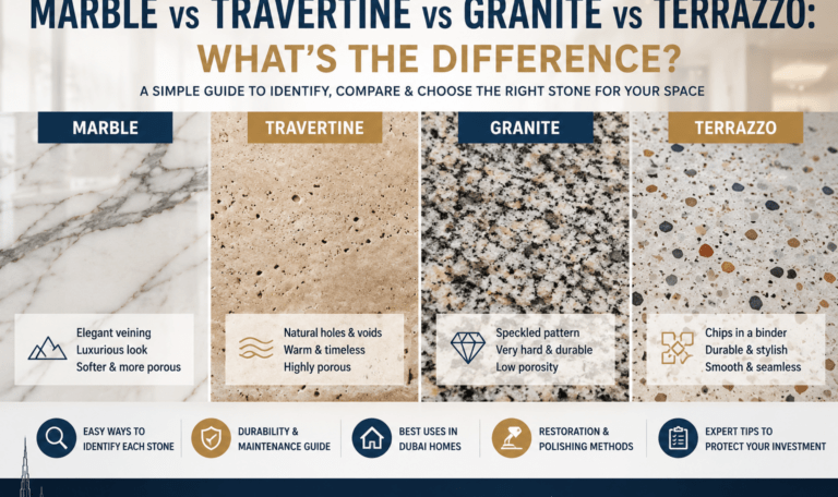 Marble vs travertine vs granite vs terrazzo comparison guide for Dubai stone flooring