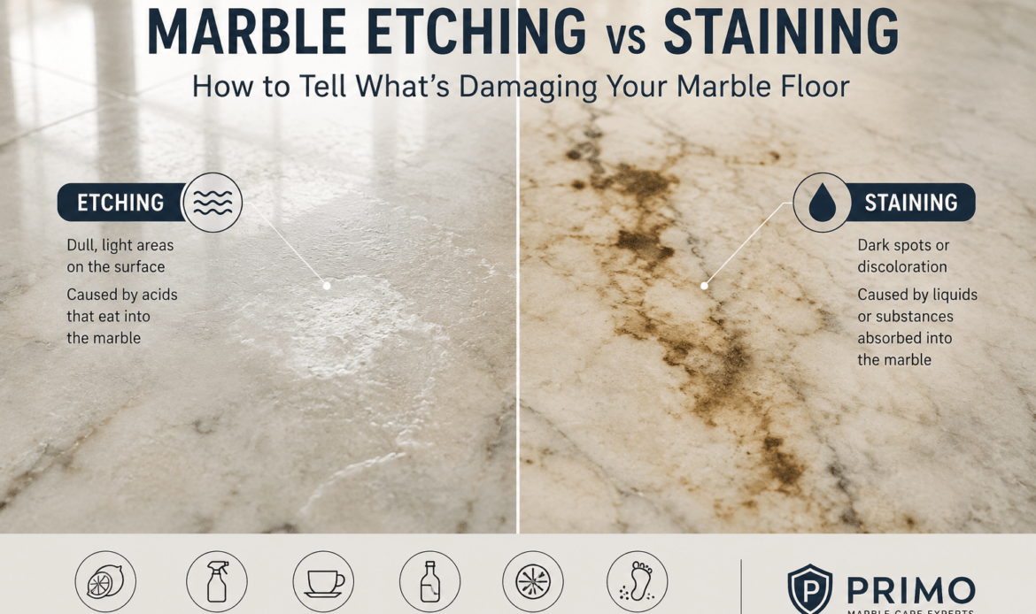 Marble etching vs staining comparison showing dull etched marks and dark absorbed stains on a marble floor.