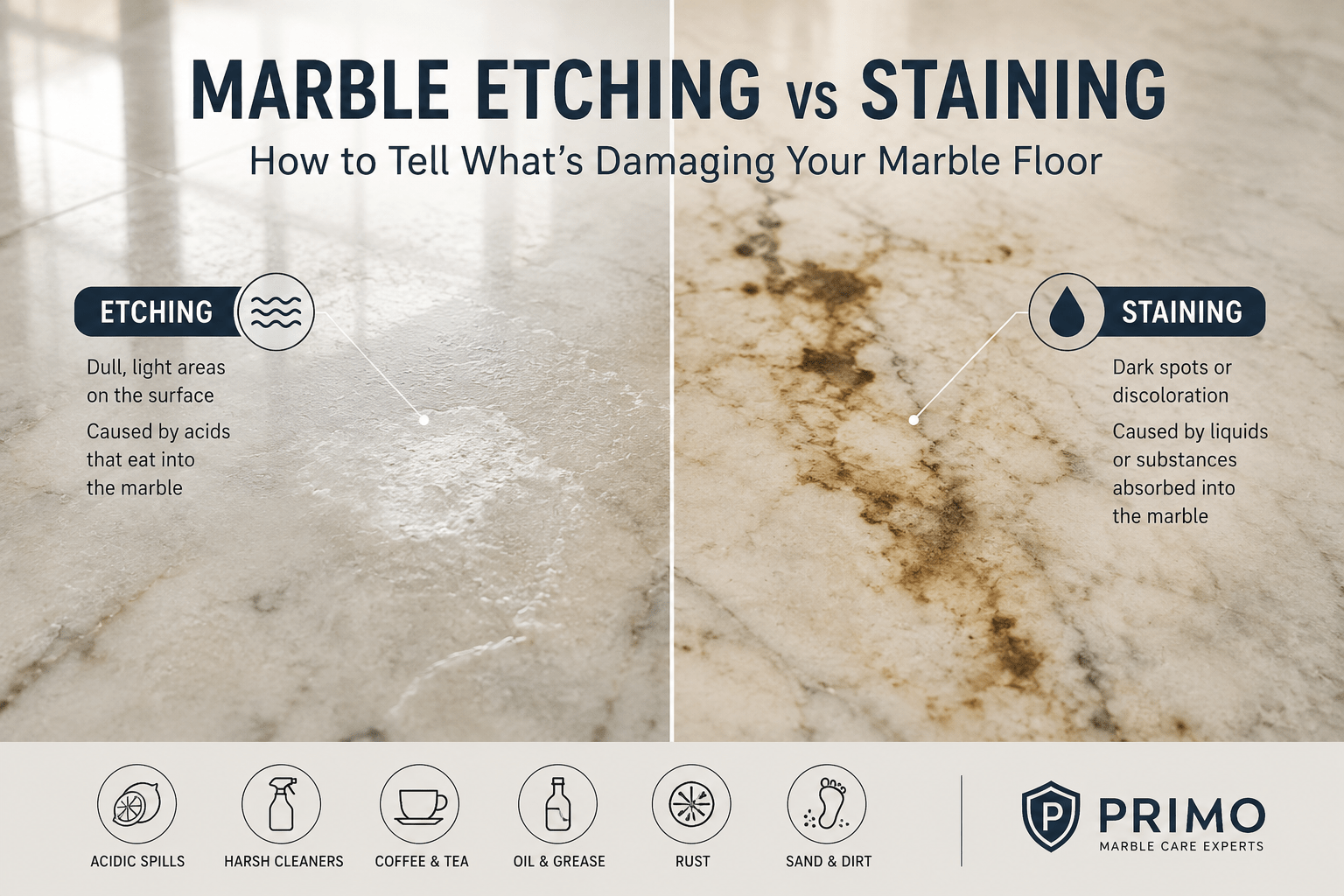 Marble etching vs staining comparison showing dull etched marks and dark absorbed stains on a marble floor.