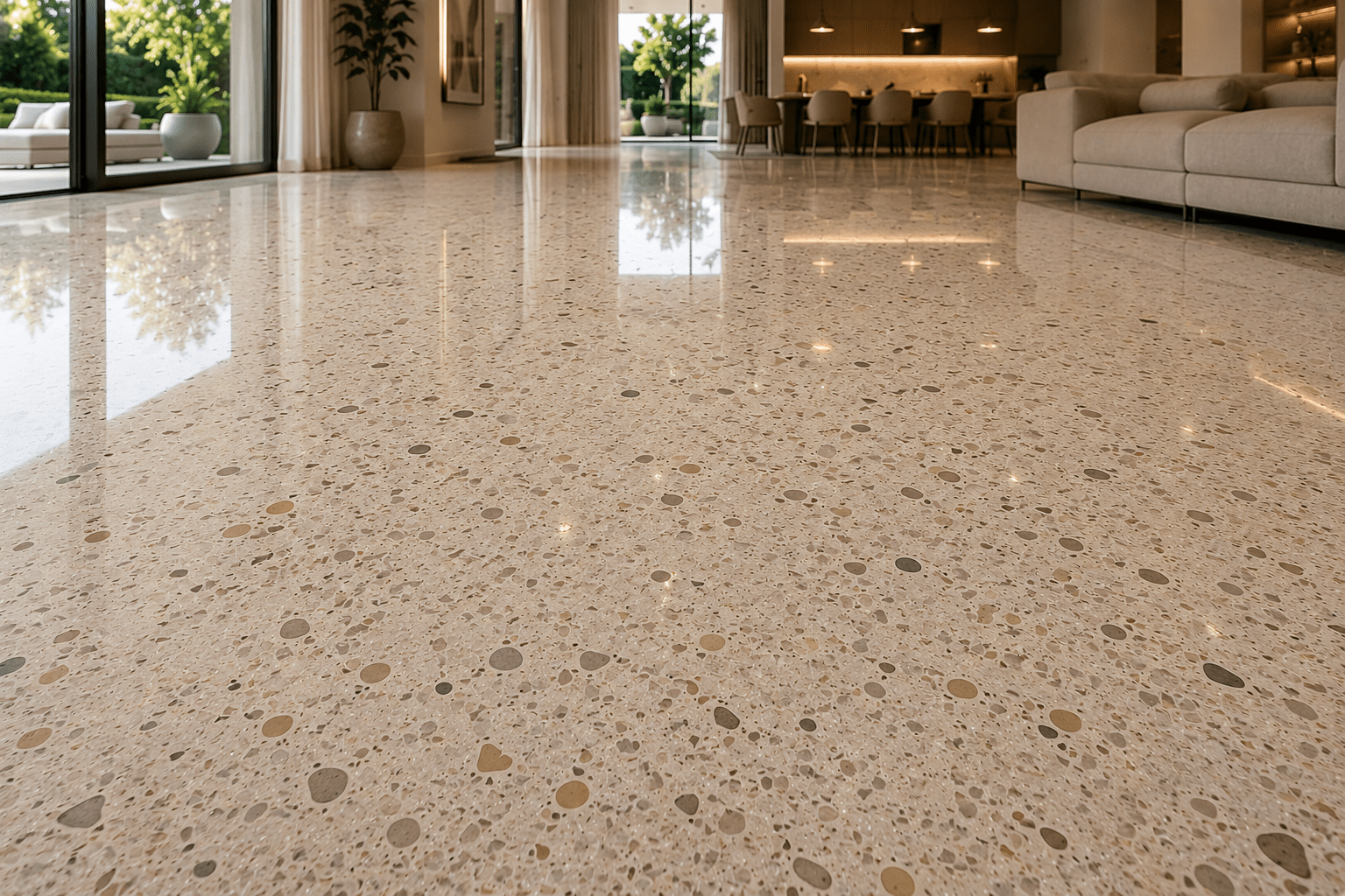 Polished terrazzo floor after restoration in Dubai