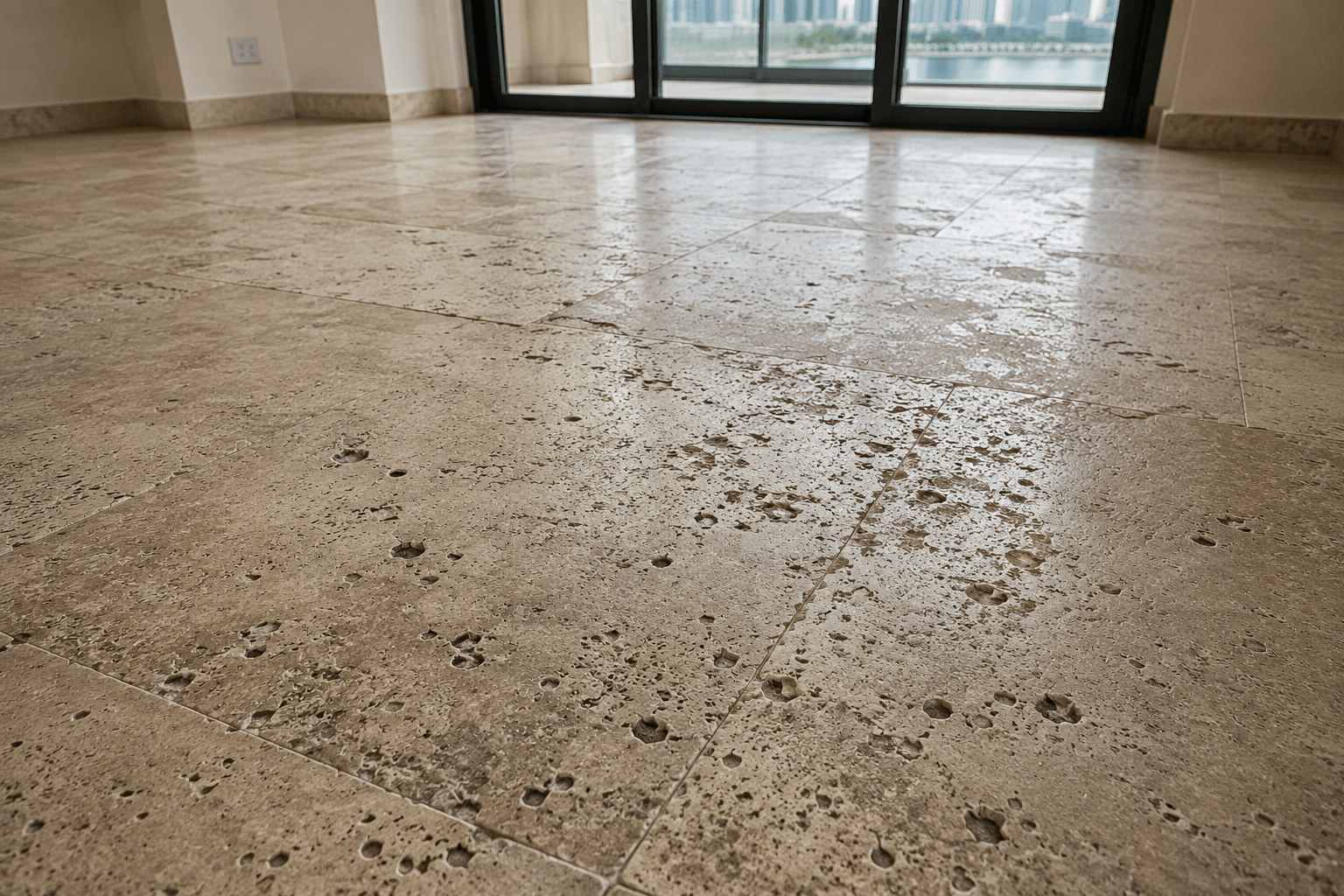 Travertine floor before restoration in Dubai