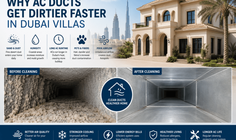“Infographic showing why AC ducts get dirtier faster in Dubai villas, including dust buildup, humidity, long AC runtime, before and after duct cleaning comparison, and indoor air quality benefits