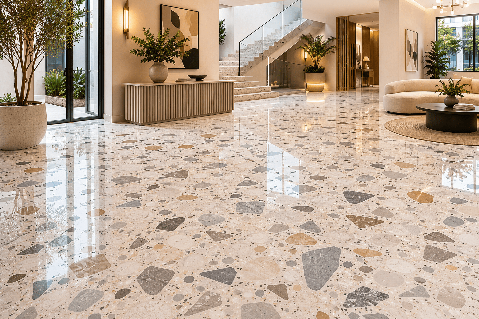 Large aggregate terrazzo polishing Dubai