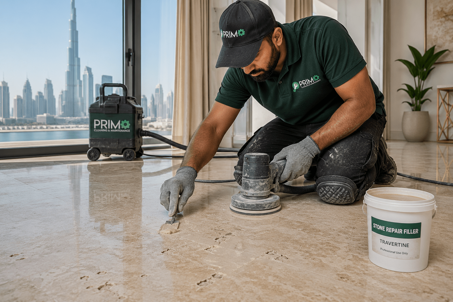 Restored travertine stone flooring in a Dubai property