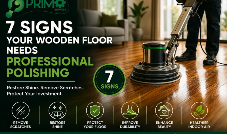 7 signs your wooden floor needs professional polishing in Dubai, showing a technician polishing a hardwood floor.