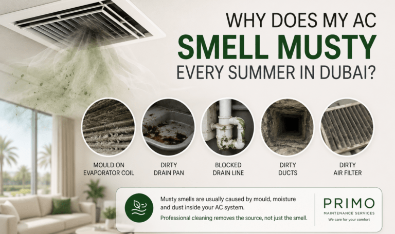 Why does my AC smell musty every summer in Dubai? Common causes include mould on the evaporator coil, dirty AC ducts, blocked drain lines and clogged air filters.