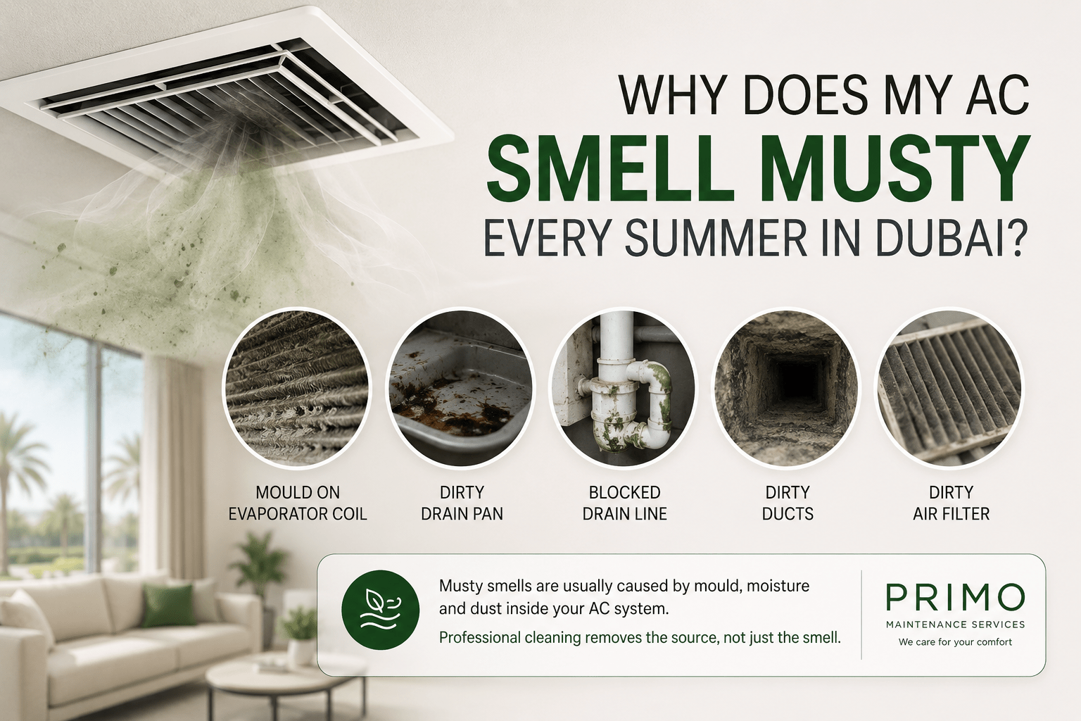 Why does my AC smell musty every summer in Dubai? Common causes include mould on the evaporator coil, dirty AC ducts, blocked drain lines and clogged air filters.