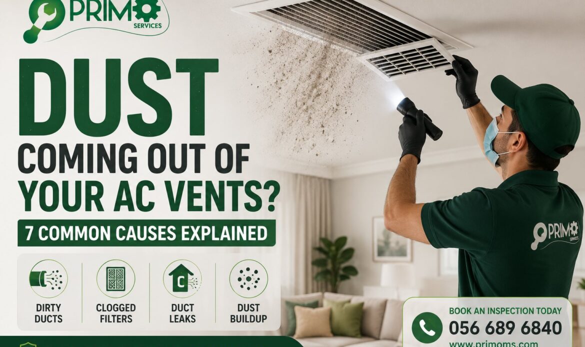 Dust coming out of AC vents in Dubai while a technician inspects and cleans residential air ducts.