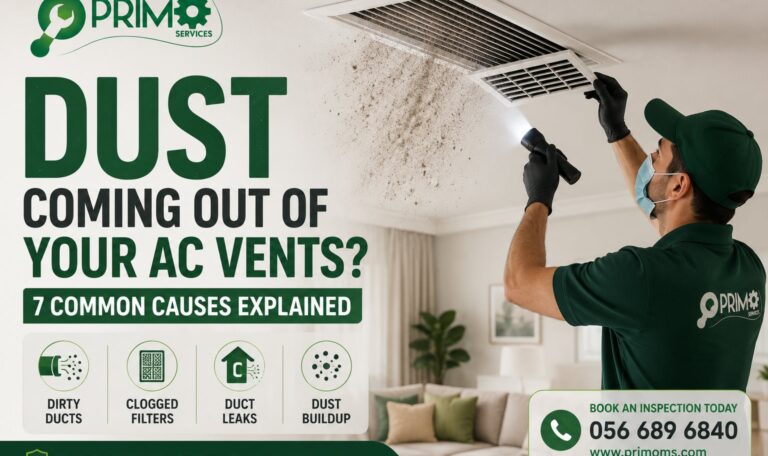 Dust coming out of AC vents in Dubai while a technician inspects and cleans residential air ducts.