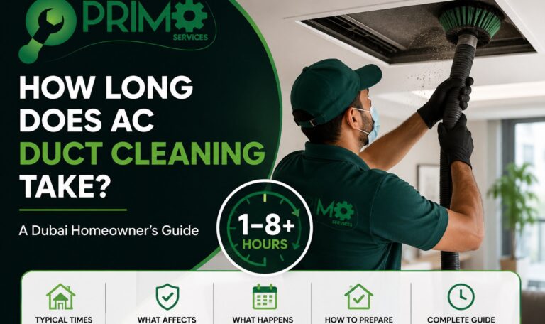 How long does AC duct cleaning take in Dubai? Professional technician cleaning residential air ducts.