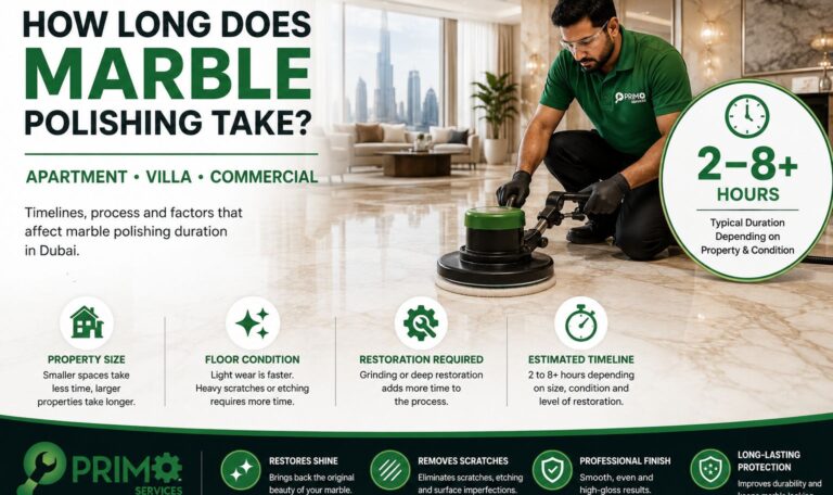 Professional Primo Services technician polishing a marble floor in a Dubai home, illustrating how long marble polishing typically takes for apartments, villas and commercial properties.