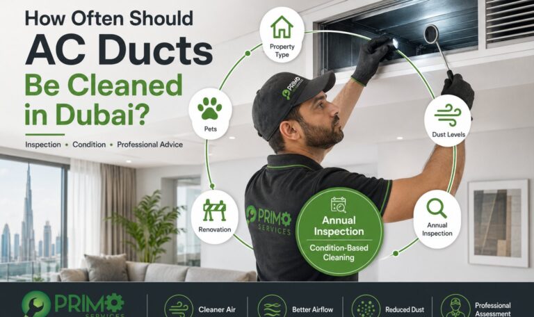 Professional technician inspecting residential AC ductwork to determine how often AC ducts should be cleaned in Dubai.