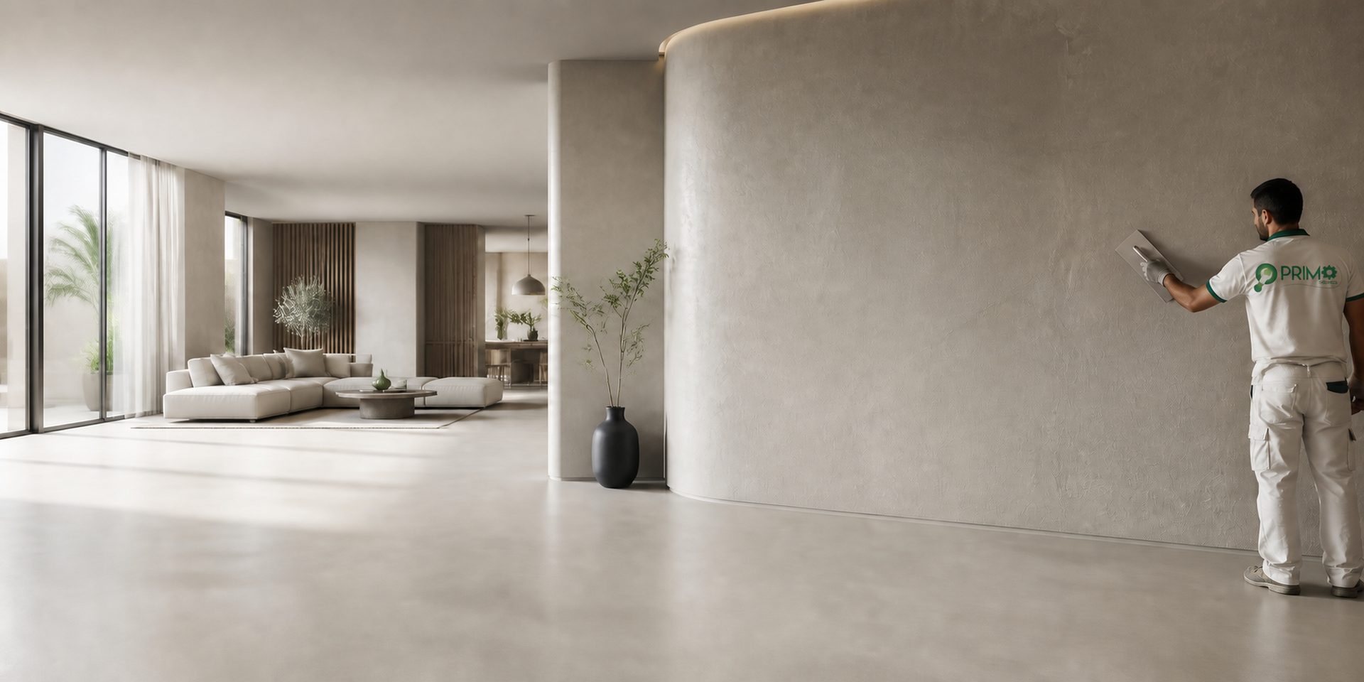 Microcement wall and floor finish applied by Primo in a Dubai villa interior