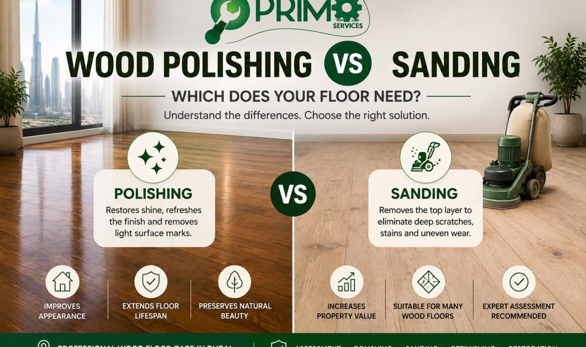 Wood polishing vs sanding comparison showing the differences between polishing, sanding, refinishing and restoration for wooden floors in Dubai.