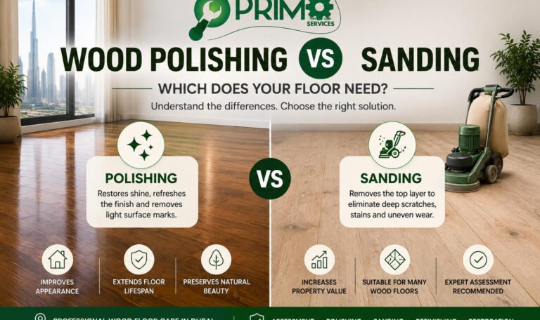 Wood polishing vs sanding comparison showing the differences between polishing, sanding, refinishing and restoration for wooden floors in Dubai.